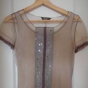 Rozae Nichols Taupe & Purple Whimsical 2-layer Slip Midi Dress size XS/S